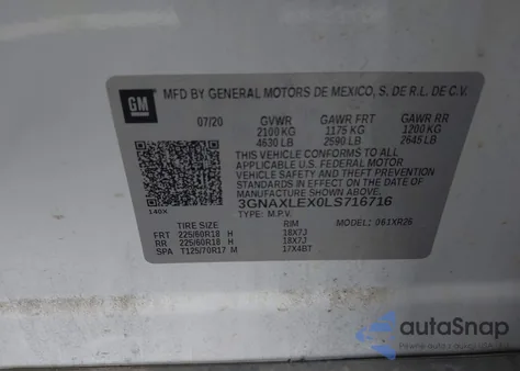 2020 Chevrolet Equinox Fwd Lt 2.0L Turbo z USA, uszkodzony, nr VIN 3GNAXLEX0LS716716